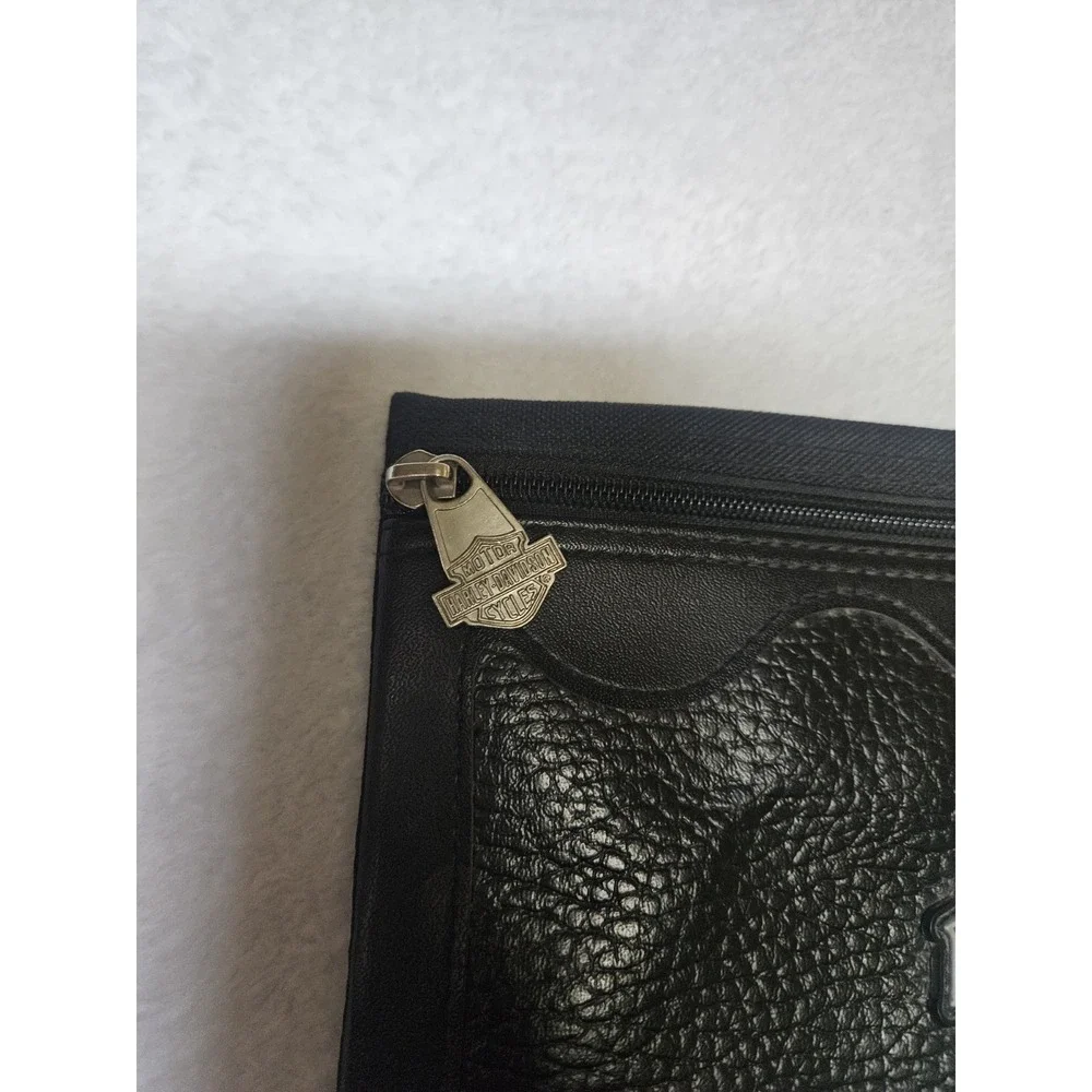 Harley Davidson Zipper Pouch 3 Ring Binder Pencil Case Black Faux Leather Logo